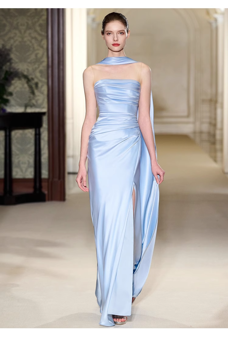 Pretty Sheath Scoop Neckline Satin Blue Slit Long Prom Dresses With Ribbon C1613