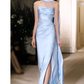 Pretty Sheath Scoop Neckline Satin Blue Slit Long Prom Dresses With Ribbon C1613