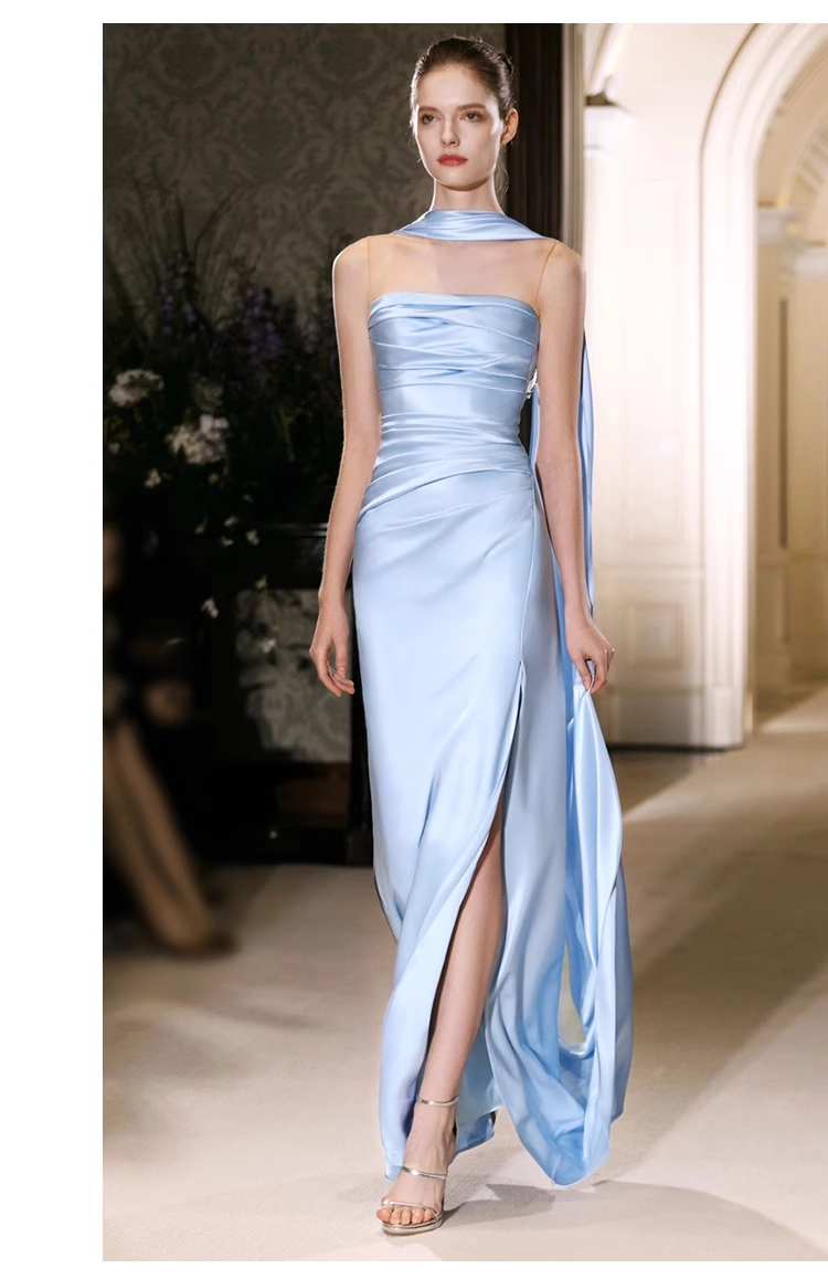 Pretty Sheath Scoop Neckline Satin Blue Slit Long Prom Dresses With Ribbon C1613