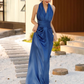 Pretty Sheath High Neckline Satin Royal Blue Long Prom Dresses C1614