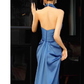 Pretty Sheath High Neckline Satin Royal Blue Long Prom Dresses C1614