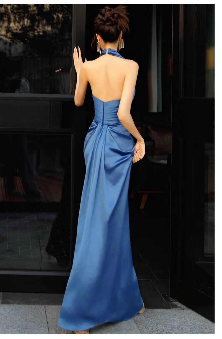 Pretty Sheath High Neckline Satin Royal Blue Long Prom Dresses C1614