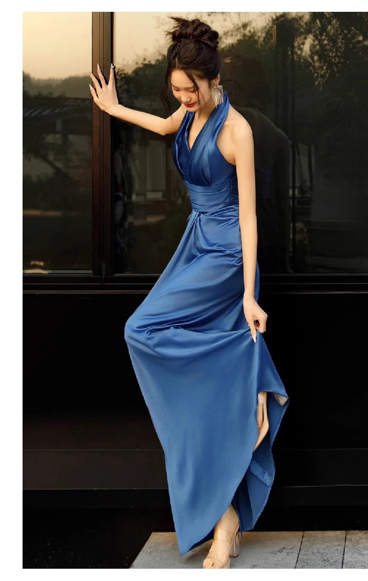 Pretty Sheath High Neckline Satin Royal Blue Long Prom Dresses C1614