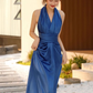 Pretty Sheath High Neckline Satin Royal Blue Long Prom Dresses C1614