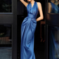 Pretty Sheath High Neckline Satin Royal Blue Long Prom Dresses C1614