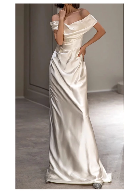 Sexy Sheath Off The Shoulder Short Sleeves Satin Long Wedding Dresses With Ruffles C1615