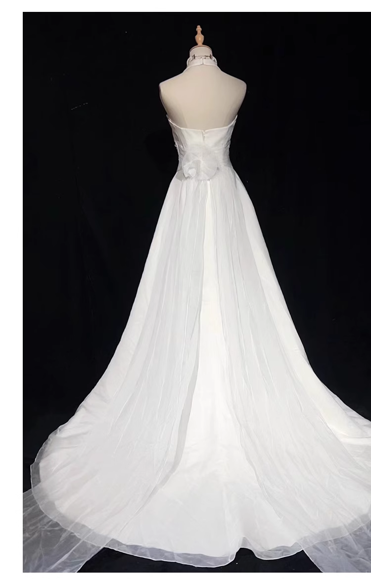 Chic A line High Neckline Backless Satin Long Wedding Dresses With Ruffles C1616