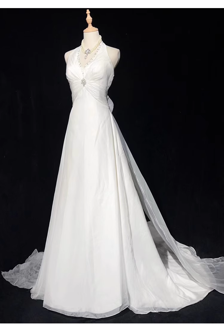 Chic A line High Neckline Backless Satin Long Wedding Dresses With Ruffles C1616