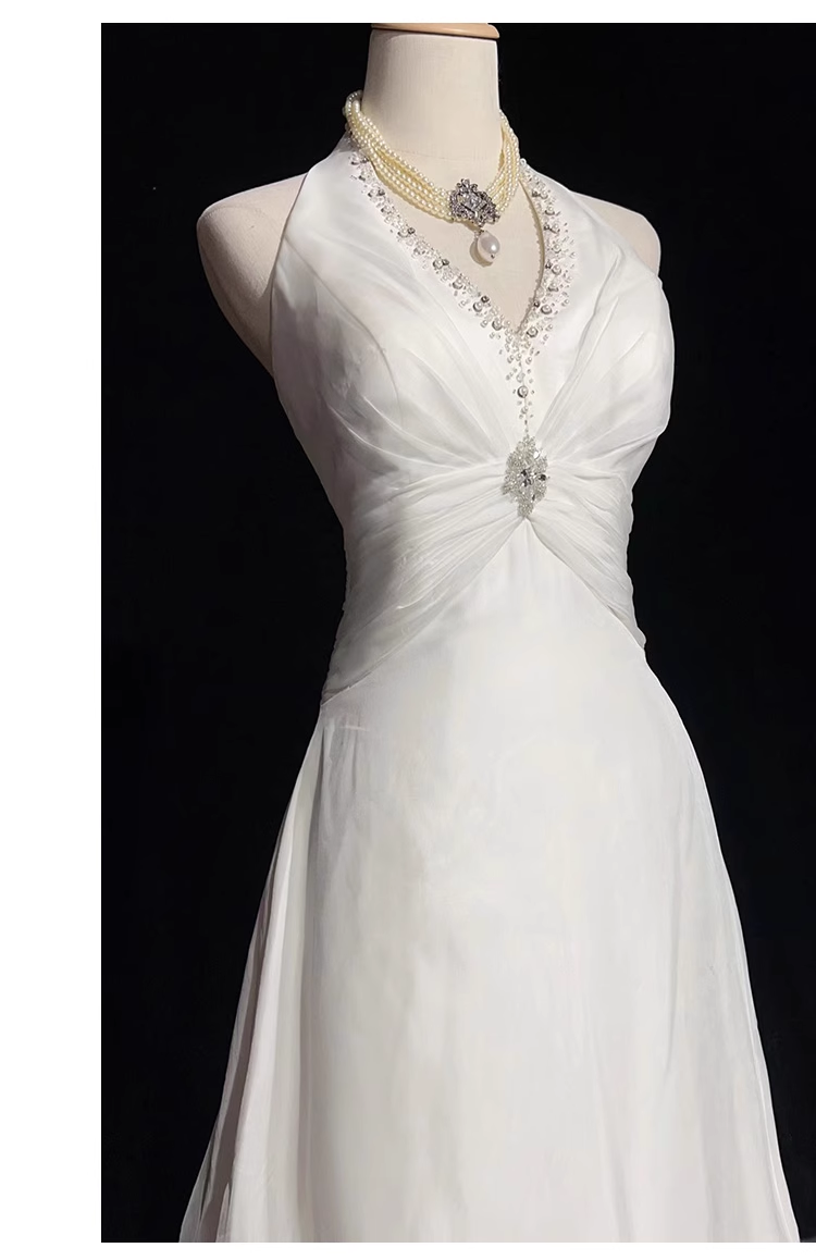 Chic A line High Neckline Backless Satin Long Wedding Dresses With Ruffles C1616