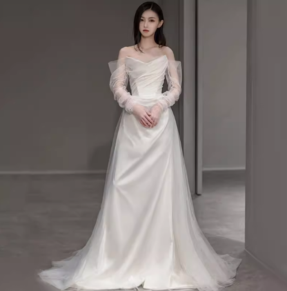 Chic A line Strapless Satin Long Wedding Dresses With Ruffles C1617