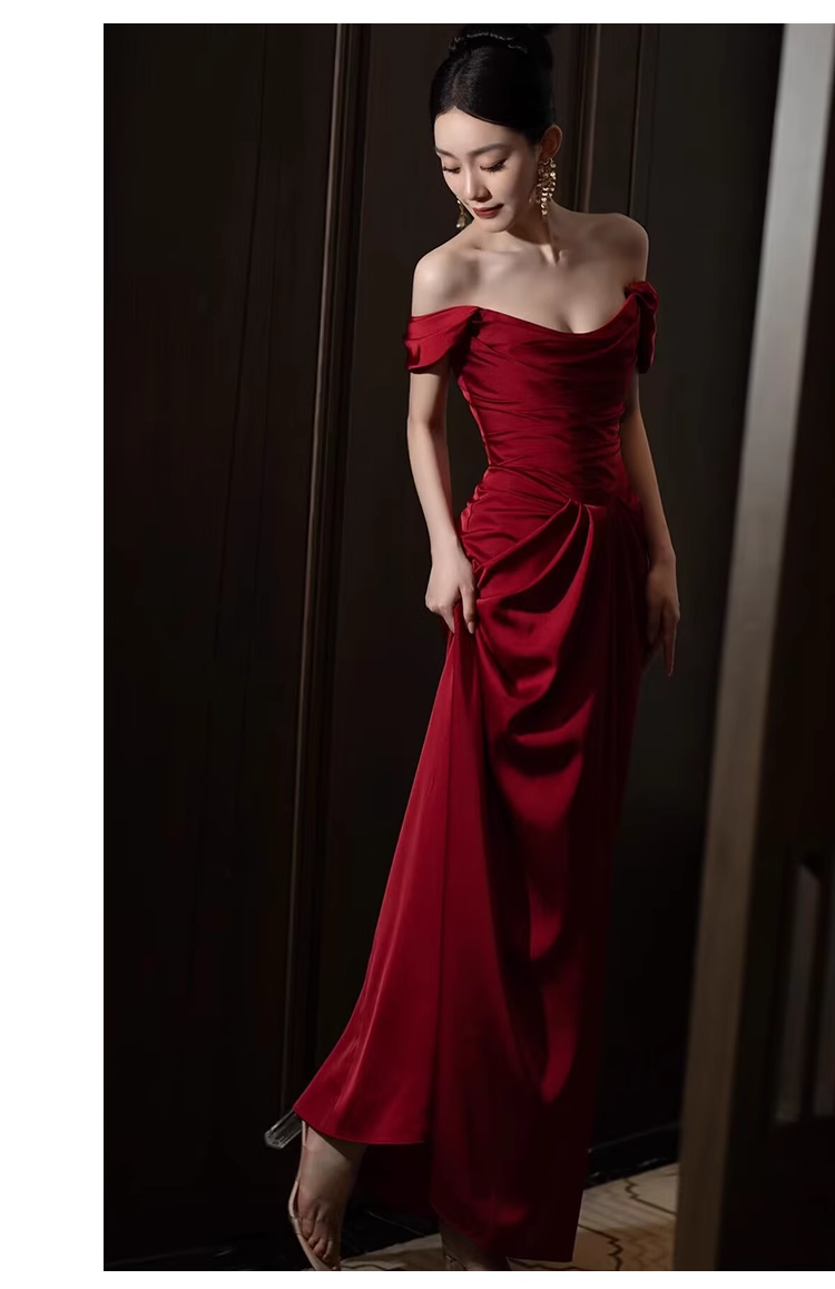 Pretty Sheath Off The Shoulder Satin Burgundy Long Prom Dresses C1622