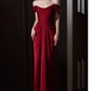 Pretty Sheath Off The Shoulder Satin Burgundy Long Prom Dresses C1622