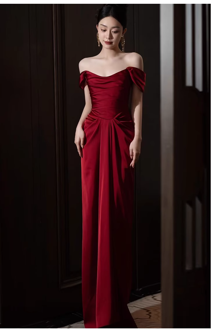 Pretty Sheath Off The Shoulder Satin Burgundy Long Prom Dresses C1622