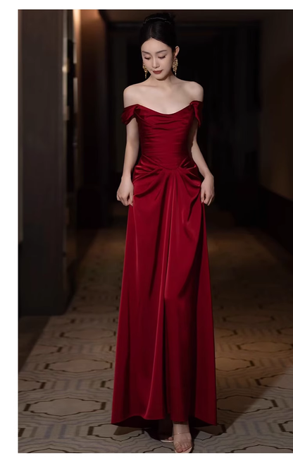 Pretty Sheath Off The Shoulder Satin Burgundy Long Prom Dresses C1622