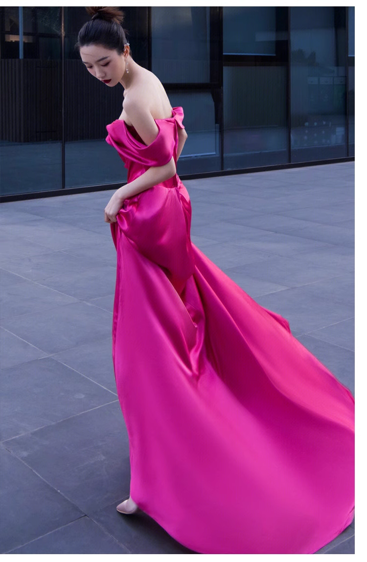 Sexy Mermaid Off The Shoulder Hot Pink Long Prom Dresses Satin Birthday Outfits C1623