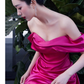 Sexy Mermaid Off The Shoulder Hot Pink Long Prom Dresses Satin Birthday Outfits C1623