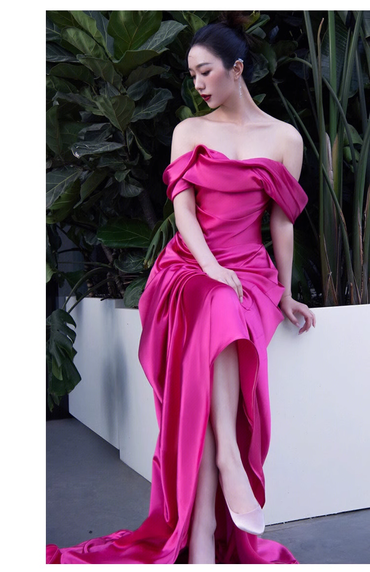 Sexy Mermaid Off The Shoulder Hot Pink Long Prom Dresses Satin Birthday Outfits C1623