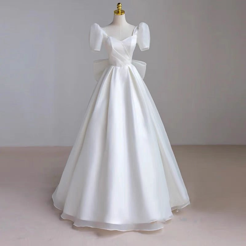 Classy Ball Gown Short Sleeves Floor Length Wedding Dresses With Bow C1635