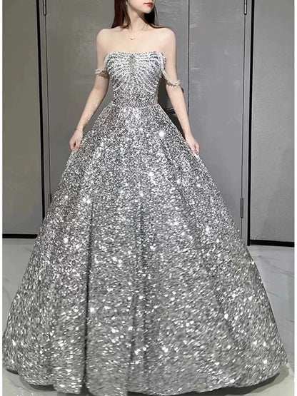 Sexy Ball Gown Off The Shoulder Silver Sequin Long Prom Dresses C1640