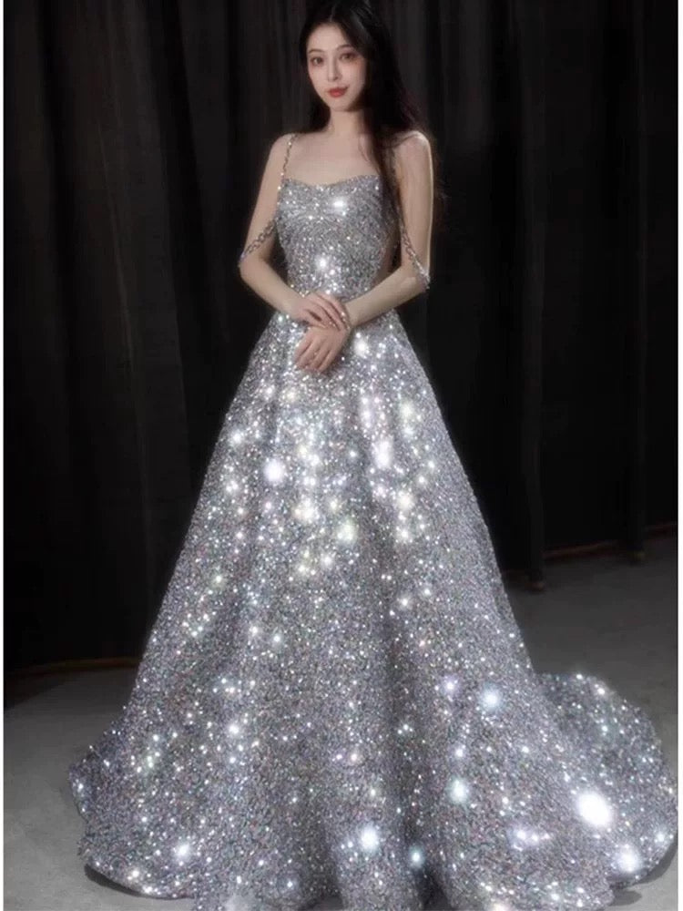 Sexy Ball Gown Off The Shoulder Silver Sequin Long Prom Dresses C1640