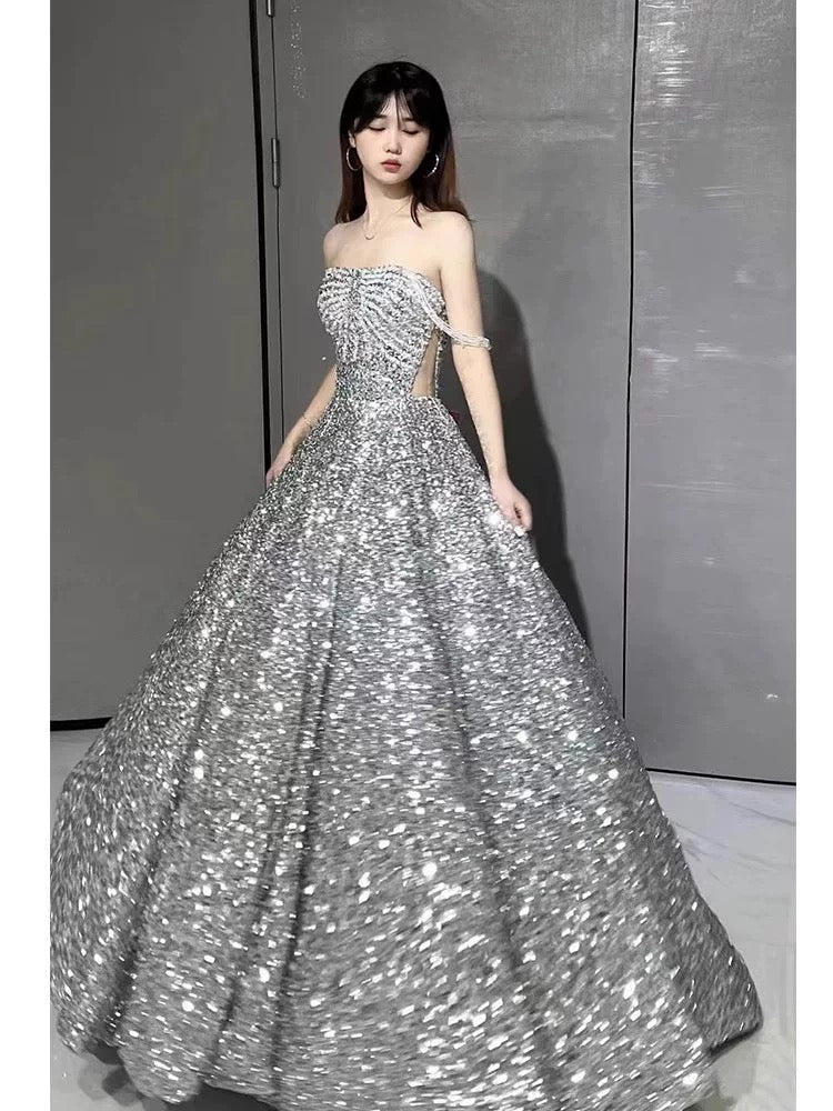 Sexy Ball Gown Off The Shoulder Silver Sequin Long Prom Dresses C1640