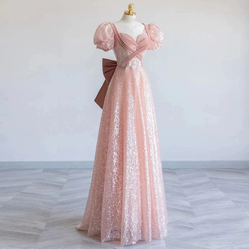 Robe de bal longue élégante à paillettes roses en forme de A C1641