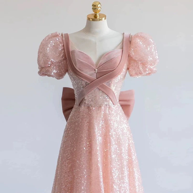 Robe de bal longue élégante à paillettes roses en forme de A C1641