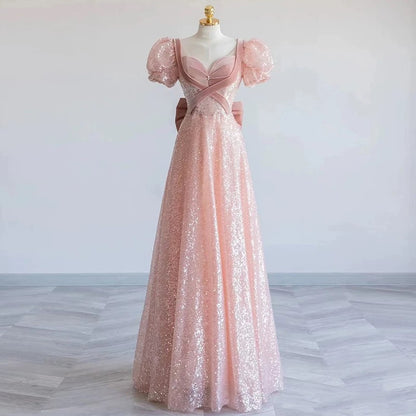 Robe de bal longue élégante à paillettes roses en forme de A C1641