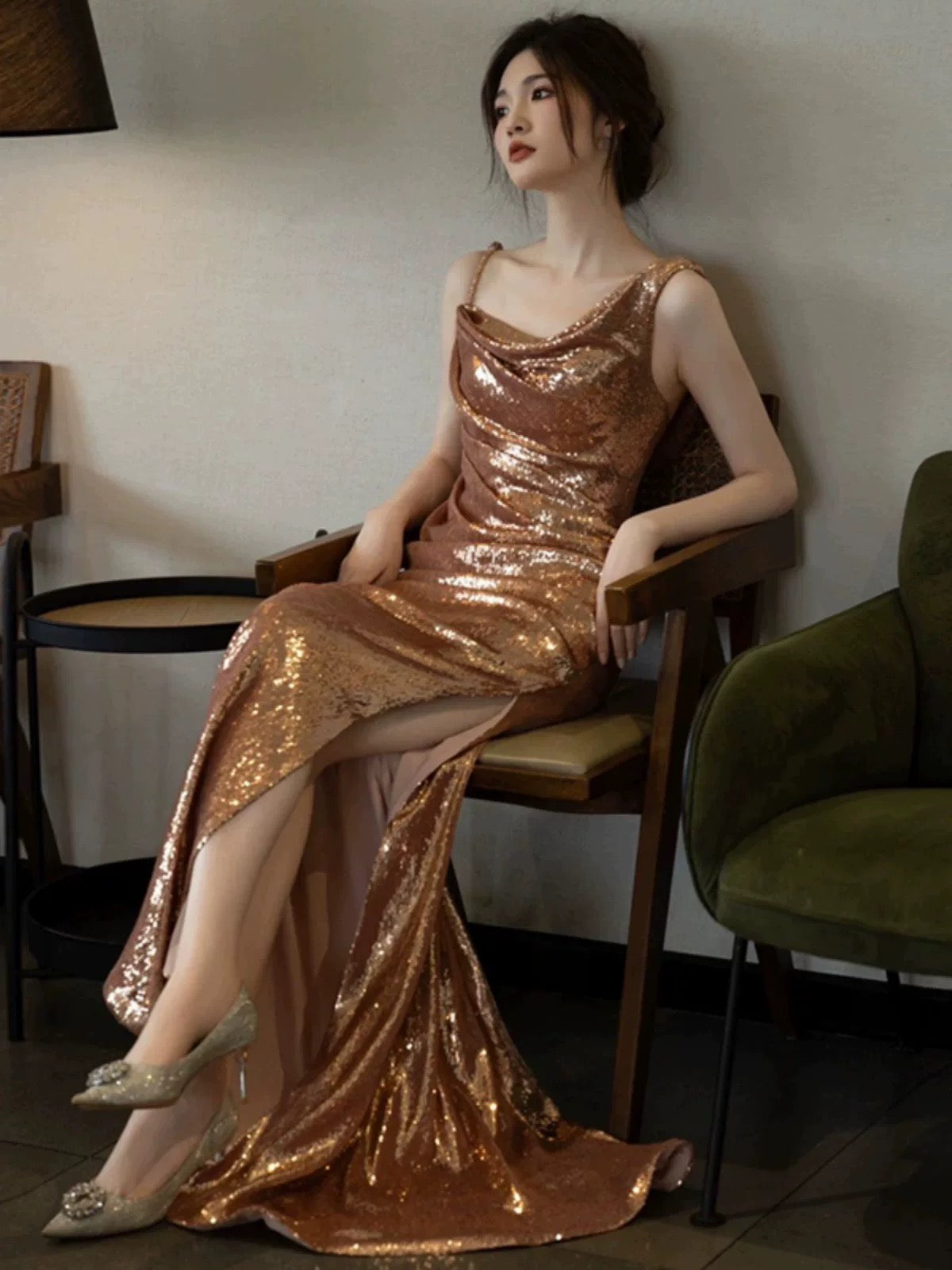 Elegant Sheath Backless Gold Sequin Long Prom Dresses C1642