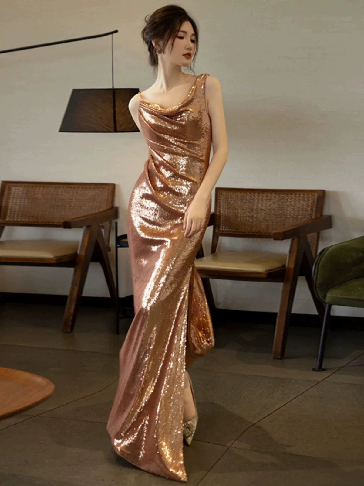 Elegant Sheath Backless Gold Sequin Long Prom Dresses C1642