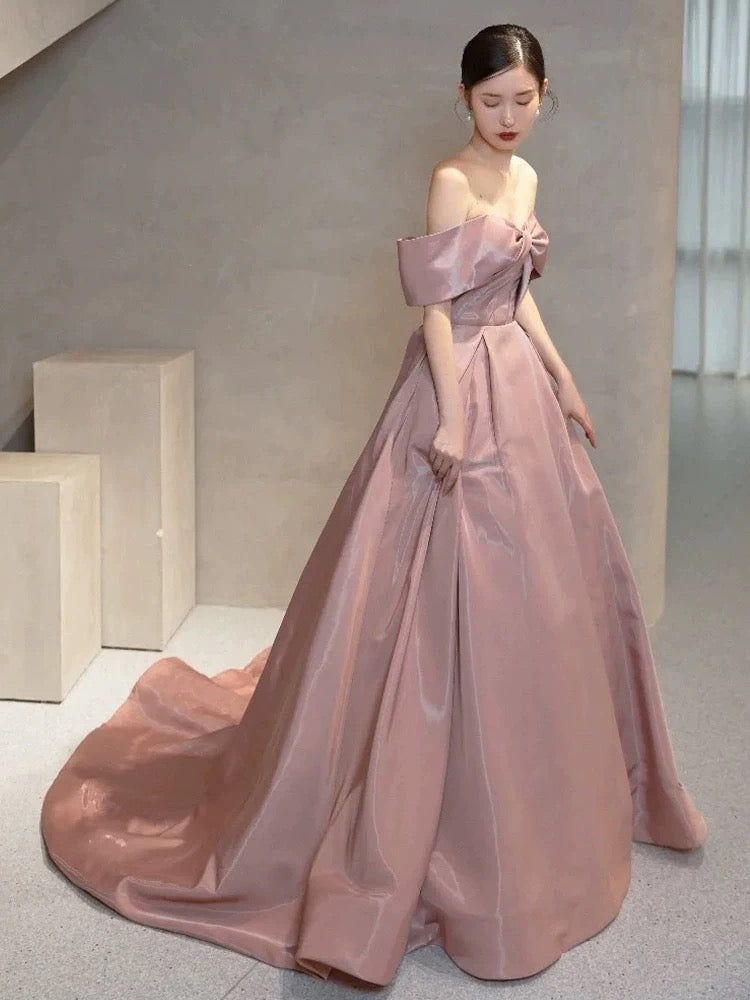 Elegant Ball Gown Off The Shoulder Satin Pink Long Prom Dresses C1644