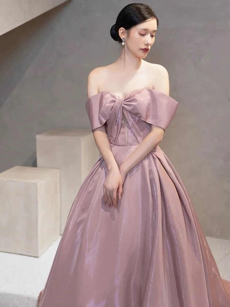 Elegant Ball Gown Off The Shoulder Satin Pink Long Prom Dresses C1644