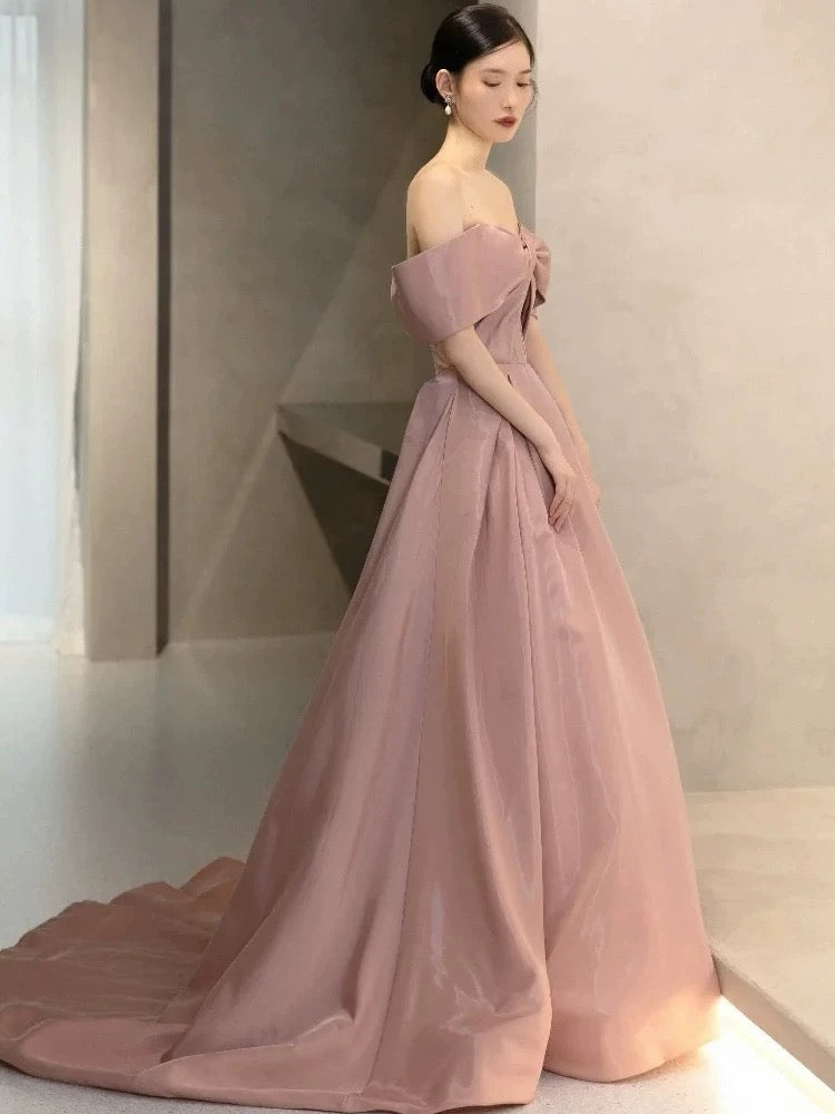 Elegant Ball Gown Off The Shoulder Satin Pink Long Prom Dresses C1644