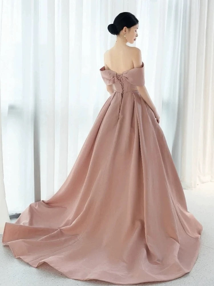 Elegant Ball Gown Off The Shoulder Satin Pink Long Prom Dresses C1644