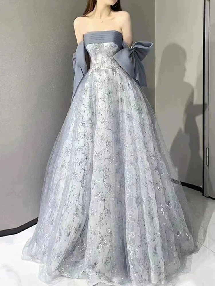 Elegant Ball Gown Strapless Gray Blue Sequin Long Prom Dresses C1645