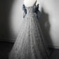 Elegant Ball Gown Strapless Gray Blue Sequin Long Prom Dresses C1645