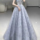 Elegant Ball Gown Strapless Gray Blue Sequin Long Prom Dresses C1645