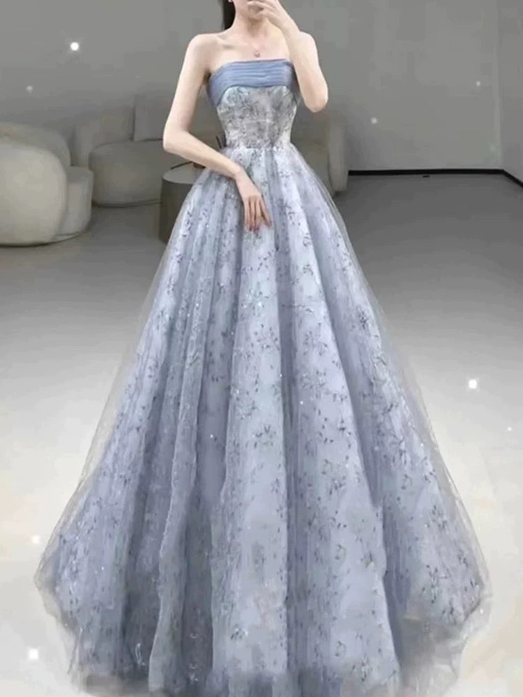 Elegant Ball Gown Strapless Gray Blue Sequin Long Prom Dresses C1645