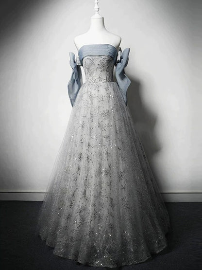 Elegant Ball Gown Strapless Gray Blue Sequin Long Prom Dresses C1645