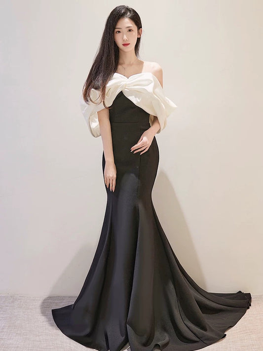 Modest Mermaid Off The Shoulder Satin Black Prom Dress Long Evening Dresses C1646