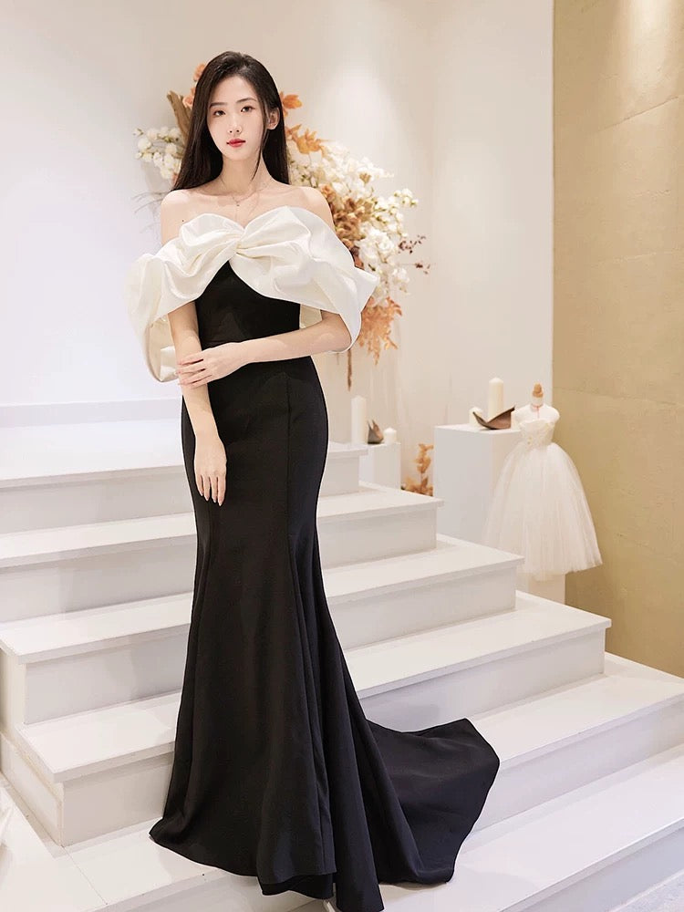 Modest Mermaid Off The Shoulder Satin Black Prom Dress Long Evening Dresses C1646