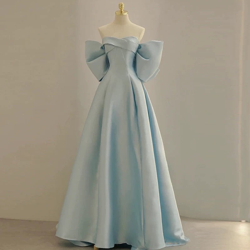 Modest A Line Off The Shoulder Satin Light Sky Blue Prom Dress Long Evening Dresses C1649