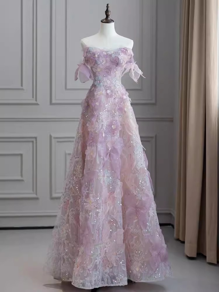 Jolie robe de mariée en Tulle à fleurs roses, ligne A, décolleté sans bretelles, C164