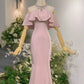 Elegant Sheath High Neckline Pink Satin Silver Beads Long Prom Dresses C1650