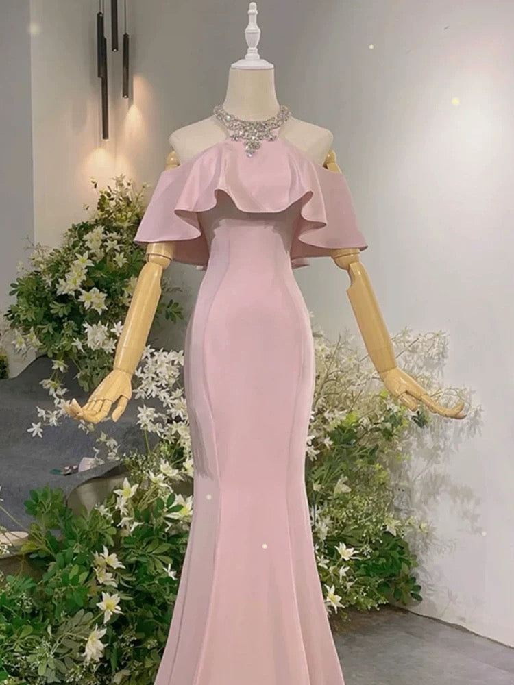 Elegant Sheath High Neckline Pink Satin Silver Beads Long Prom Dresses C1650