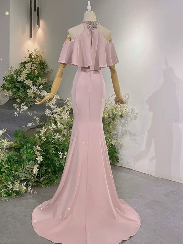 Elegant Sheath High Neckline Pink Satin Silver Beads Long Prom Dresses C1650