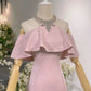 Elegant Sheath High Neckline Pink Satin Silver Beads Long Prom Dresses C1650