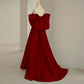 Modest A Line Off The Shoulder Satin Burgundy Prom Dress Long Evening Dresses With Bow C1651