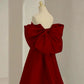 Modest A Line Off The Shoulder Satin Burgundy Prom Dress Long Evening Dresses With Bow C1651