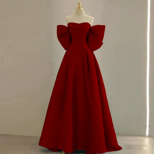 Modest A Line Off The Shoulder Satin Burgundy Prom Dress Long Evening Dresses With Bow C1651